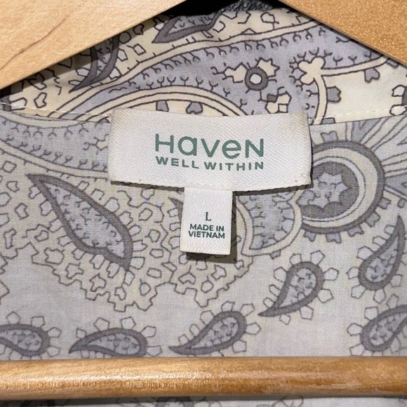 Haven Well Within Organic Cotton Poplin Grey Paisley Boho Sleep Shirt Dress Sz L - Picture 9 of 12